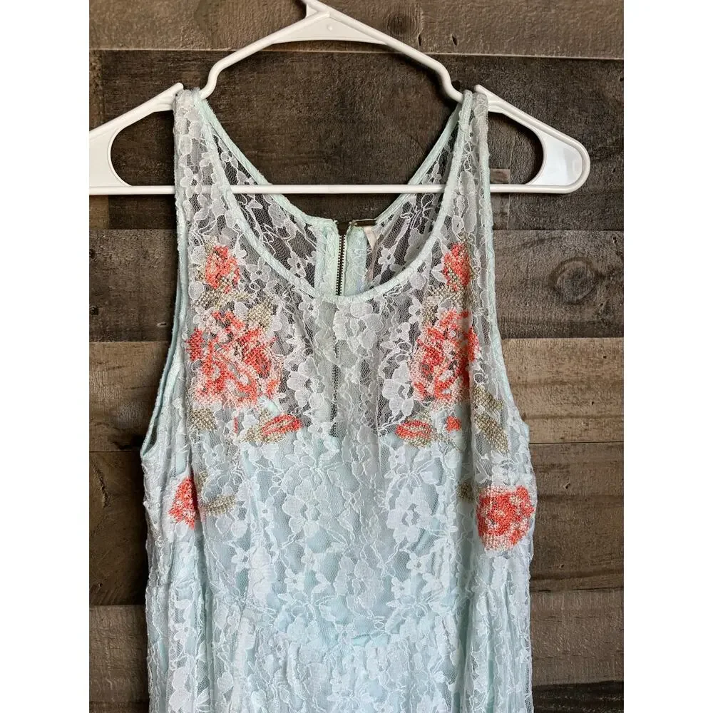 Free People Lace Hi Low Dress L Blue Floral Nesting Doll